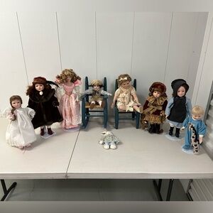 Lot of 9 Vintage-Style Porcelain Dolls with Chairs & Stands